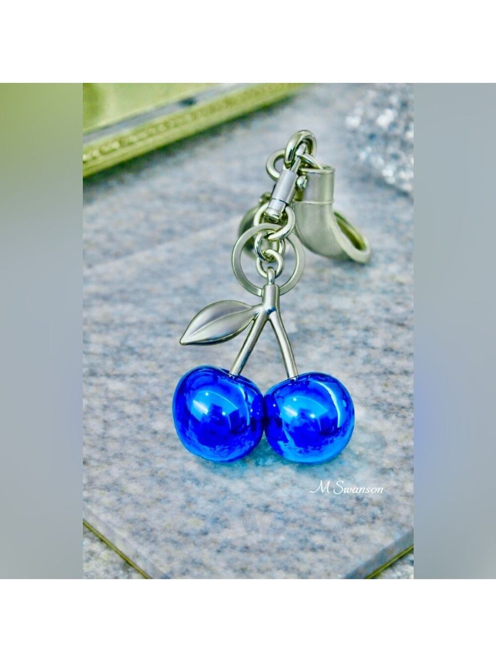 Royal Blue Metallic Cherry Bag Charm Keychain Silver Tone Hardware NWT